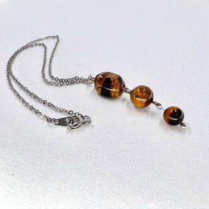 Up-Cycled - Tigers Eye Graduated Pendant Shiny Silver Tone 16” Chain Necklace
